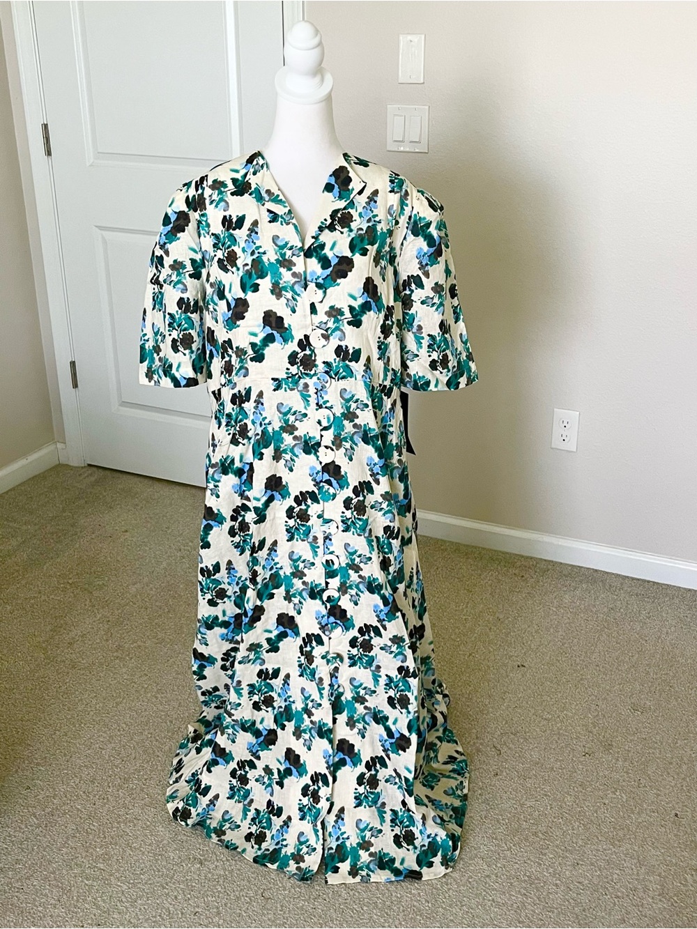 NWT Tuckernuck Linen Maxi Dress with Blue & Green Floral Print Size XXL